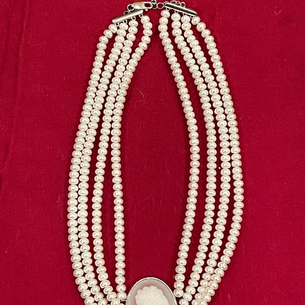 Vintage Imperial Sterling Pearl Necklace Carved Cameo Necklace - Picture 7 of 10